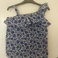 Vintage-Style LC Waikiki Asymmetrical Blue Botanical Ruffle Blouse