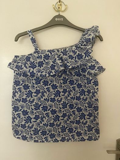 Vintage-Style LC Waikiki Asymmetrical Blue Botanical Ruffle Blouse