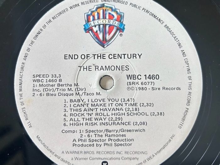 Ramones. End of century South African release. Vinyl nm except for writing on 1 label. Sleeve a bit tatty which is common with South African releases as made with recycled material