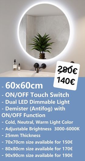 LED Bathroom Mirrors Speakers Demister Antifog Weather Station Clock Dual LED Sensor Touch