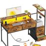 120cm Computer Desk with 5 Fabric Drawers, Reversible Home Office Desk with Printer Cabinet, Writing Desk with Monitor Stand & Power Outlets, Study Table with LED Light, Rustic Brown Image 9