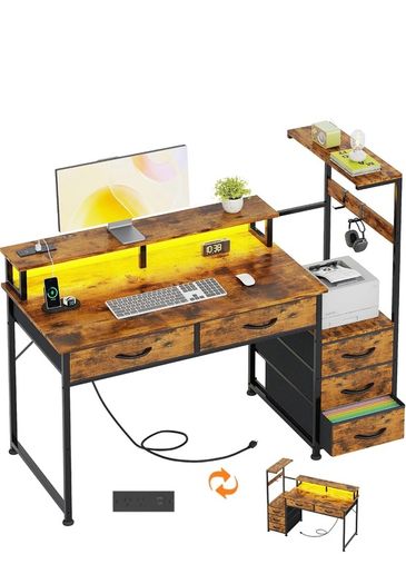 120cm Computer Desk with 5 Fabric Drawers, Reversible Home Office Desk with Printer Cabinet, Writing Desk with Monitor Stand & Power Outlets, Study Table with LED Light, Rustic Brown