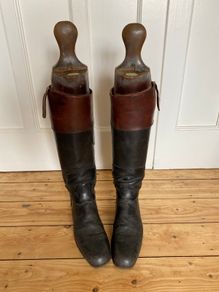 Antique Maxwell Of London Beechwood Boot trees and leather riding boots