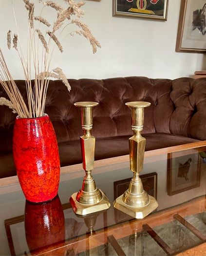 Pair Gun Barrel Deco Era Brass Candlesticks Early 20th Century