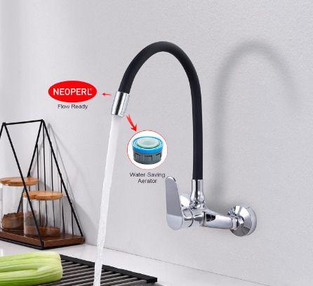 Ibergrif Wall Mounted Kitchen Tap Single Lever Mixer Tap 360 Rotation Sink tap with Adjustable Mounting Hole