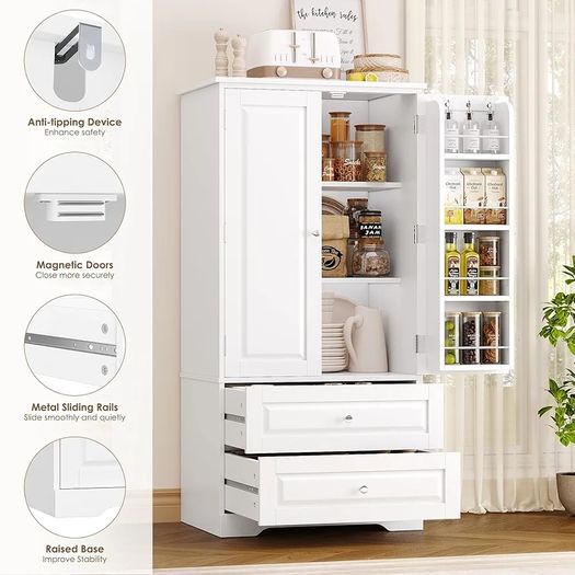 Kitchen Cupboard Tall Kitchen Cabinet Pantry Cupboard with 2 Doors Storage Free Standing Sideboard Storage Cabinet, 2 Drawers, Adjustable Shelves 60x40x120cm White