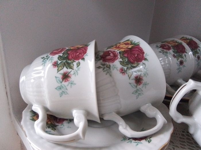 China Cups & Saucers + Lidded Sugar Bowl
