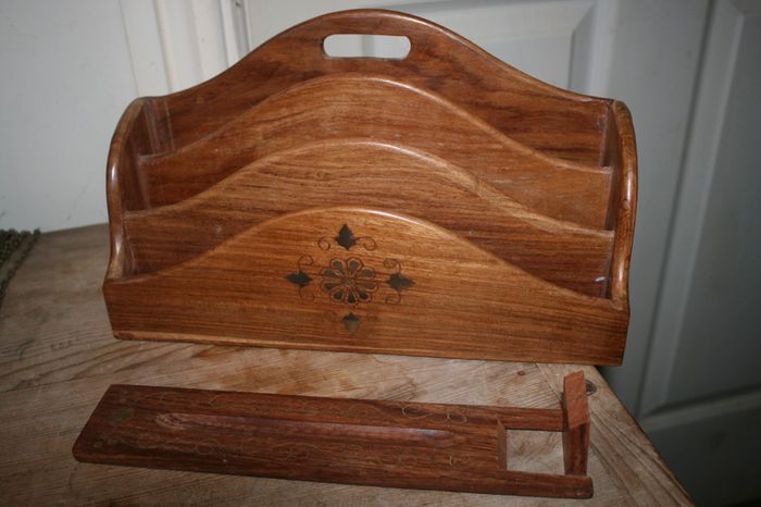 Vintage Letter Holder Handmade Wooden Paper Rack with Moorish Brass Inlays Office Desk Organiser 12" x 4" H-7"