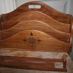 Vintage Letter Holder Handmade Wooden Paper Rack with Moorish Brass Inlays Office Desk Organiser 12" x 4" H-7"