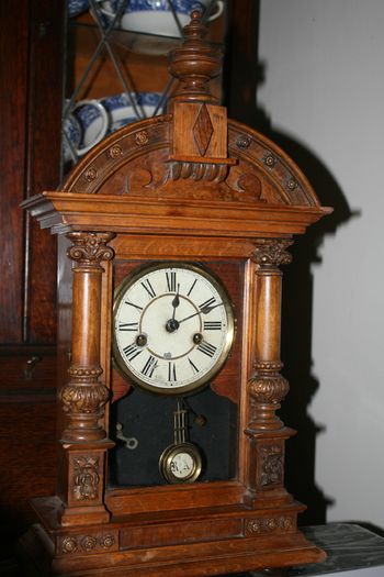 Antique Wood Carved P.H. S. 1800s Mantel Clock (in working order -  the clock doesn't ring) 21,5" x 11"