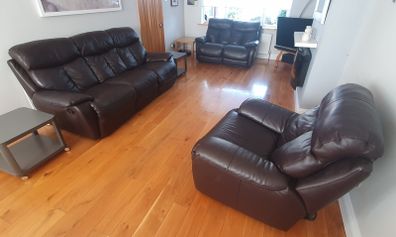 3 piece brown leather recliner sofa