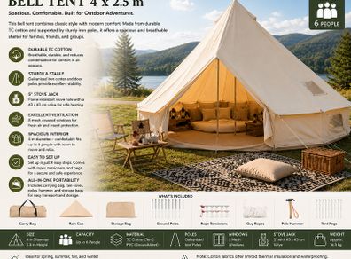 Glamping 4m Bell Tent Yurt for 6 People Camping Tent