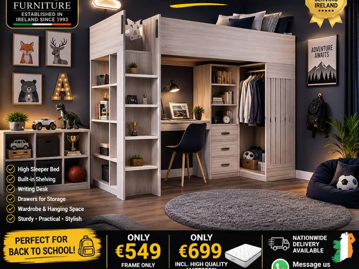 High sleeper bed with desk wardrobe drawers