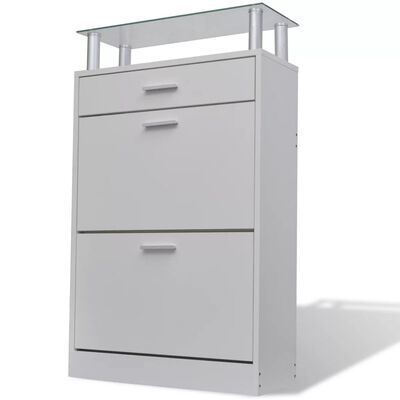 _Shoe Cabinet with a Drawer and a Top Glass Shelf Wood White