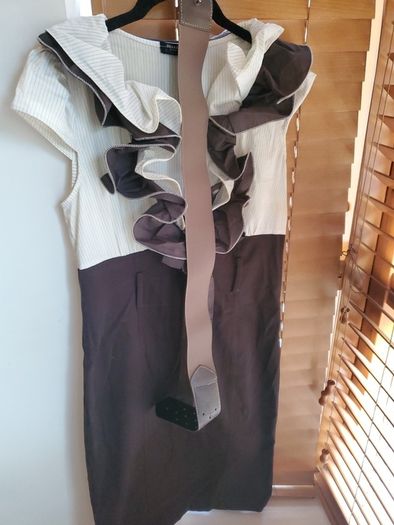 Rinascimento Cream & Brown Ruffle Dress with Belt Elegant Occasion Wear