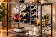 Industrial Bar Cabinet with Wine Rack &amp; Glass Holder  Rustic Wood &amp; Black