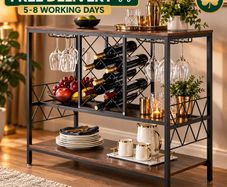 Industrial Bar Cabinet with Wine Rack & Glass Holder  Rustic Wood & Black