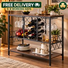 Industrial Bar Cabinet with Wine Rack & Glass Holder  Rustic Wood & Black