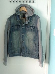 Denim jacket  size L with grey hood and sleeves