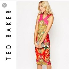 Ted Baker Valeena Paisley Toucan midi Dress Bright Pink UK 10
