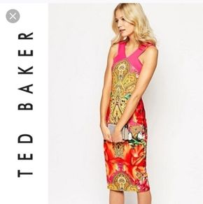 Ted Baker Valeena Paisley Toucan midi Dress Bright Pink UK 10