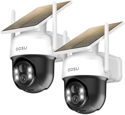 2PACK Solar Security Camera Outdoor Wireless, 2K/3MP Home Security Camera, Solar Battery Powered, 360 Surveillancewith Automatic Tracking, Colour Night Vision, Light&Sound Alarm, 2-Way Audio