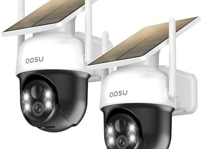 2PACK Solar Security Camera Outdoor Wireless, 2K/3MP Home Security Camera, Solar Battery Powered, 360 Surveillancewith Automatic Tracking, Colour Night Vision, Light&Sound Alarm, 2-Way Audio