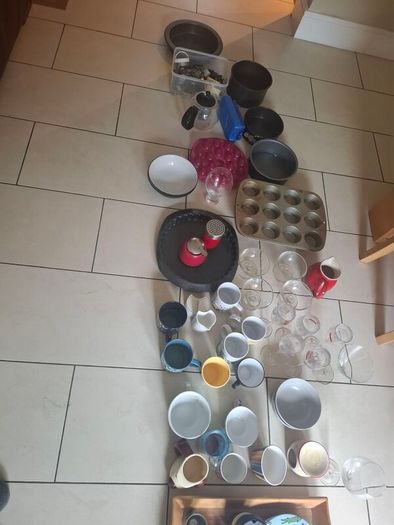 selection of bakeware, glasses, crockery