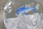 Vintage Art Glass Round Aquarium Paperweight with Bubbles and one Blue Dolphins