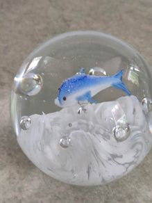 Vintage Art Glass Round Aquarium Paperweight with Bubbles and one Blue Dolphins