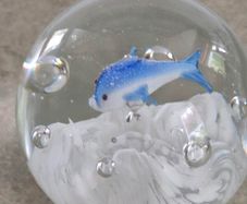 Vintage Art Glass Round Aquarium Paperweight with Bubbles and one Blue Dolphins