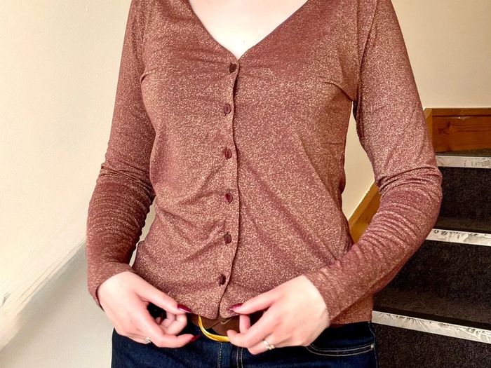 Sparkly Rose Gold Long Sleeve Button-Up Top