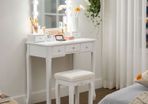 Dressing table set, dressing table, upholstered stool, 10 light bulbs, removable storage box with 6 compartments, 5 drawers, 1 drawer divider, gift idea, for bedroom, white