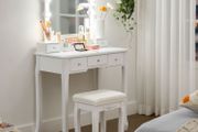 Dressing table set, dressing table, upholstered stool, 10 light bulbs, removable storage box with 6 compartments, 5 drawers, 1 drawer divider, gift idea, for bedroom, white