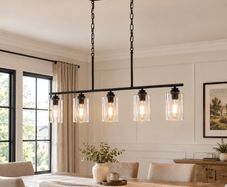 5-Light Kitchen Island Pendant Chandelier, Black Metal Frame with Clear Glass Shades, Adjustable Farmhouse Dining Room Light, E27 Fittings