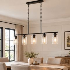 5-Light Kitchen Island Pendant Chandelier, Black Metal Frame with Clear Glass Shades, Adjustable Farmhouse Dining Room Light, E27 Fittings