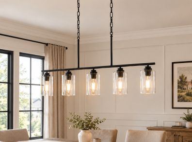 5-Light Kitchen Island Pendant Chandelier, Black Metal Frame with Clear Glass Shades, Adjustable Farmhouse Dining Room Light, E27 Fittings