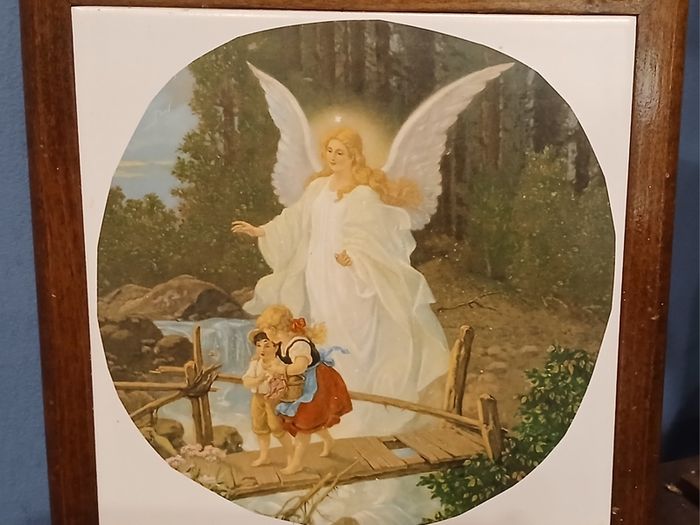 Antique Framed Gaurdian Angel Picture Tile