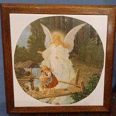 Antique Framed Gaurdian Angel Picture Tile