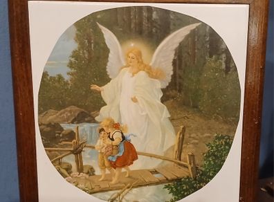 Antique Framed Gaurdian Angel Picture Tile