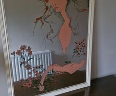 Vintage 1970s Susan Obrant Screen-Printed Mirror - Retro Art Nouveau Style Boho Wall Art