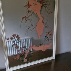 Vintage 1970s Susan Obrant Screen-Printed Mirror - Retro Art Nouveau Style Boho Wall Art