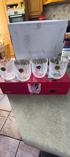 Vintage 1994 Set Of 4 Salzburg by CRISTAL DE FLANDRE Lead Crystal Glasses  Brand New BOXED