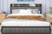 Double Bed Frame with Storage Headboard Shelf, 4ft6 Upholstered Bed Frame Doule Bed with Metal Slats Enhanced Support, No Box Spring Needed, Gray Double Bed