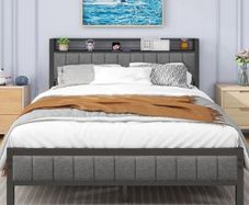 Double Bed Frame with Storage Headboard Shelf, 4ft6 Upholstered Bed Frame Doule Bed with Metal Slats Enhanced Support, No Box Spring Needed, Gray Double Bed