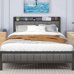 Double Bed Frame with Storage Headboard Shelf, 4ft6 Upholstered Bed Frame Doule Bed with Metal Slats Enhanced Support, No Box Spring Needed, Gray Double Bed