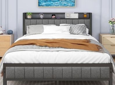 Double Bed Frame with Storage Headboard Shelf, 4ft6 Upholstered Bed Frame Doule Bed with Metal Slats Enhanced Support, No Box Spring Needed, Gray Double Bed