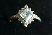 Vintage Art Deco Aquamarine and 925 Sterling Silver hallmarked Ring , Cubic Zirconia Band size O - 1,9g
