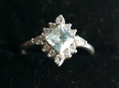 Vintage Art Deco Aquamarine and 925 Sterling Silver hallmarked Ring , Cubic Zirconia Band size O - 1,9g