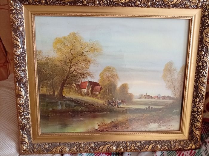 Vintage Framed Print - Spencer Coleman 'Village in Autumn' Ornate Gilt Frame